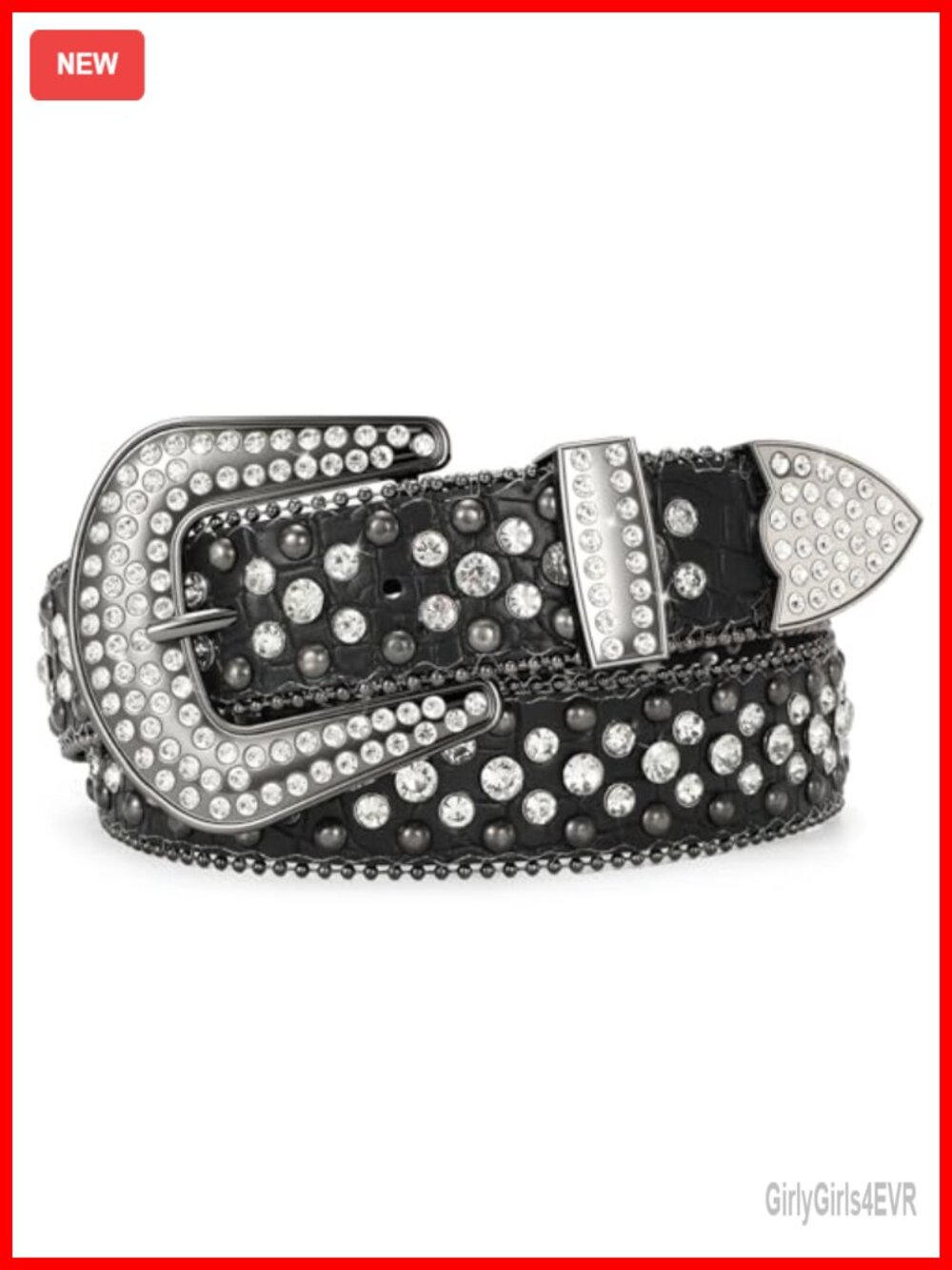 Women Rhinestone Belt Faux Crocodile Grain Leather Western Bling Studded Belt